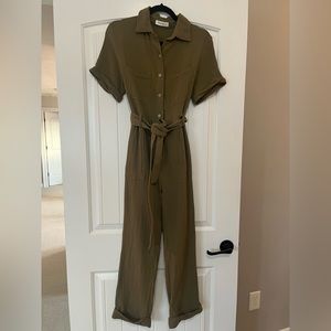 Lush Olive Utility Button-Up Jumpsuit with Tie Waist
